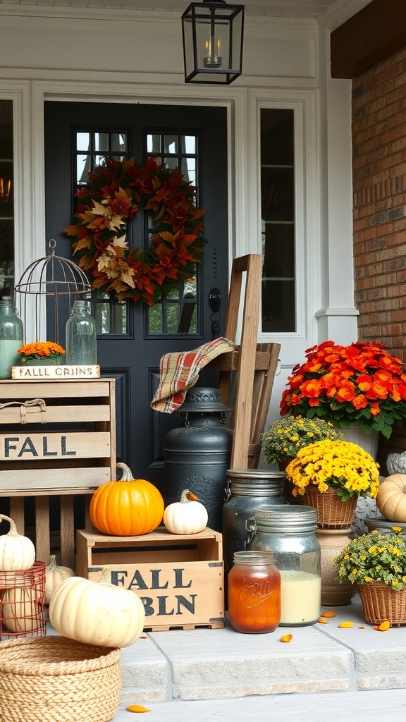 A vintage-inspired fall front porch decorated with pumpkins, flowers, and rustic crates.