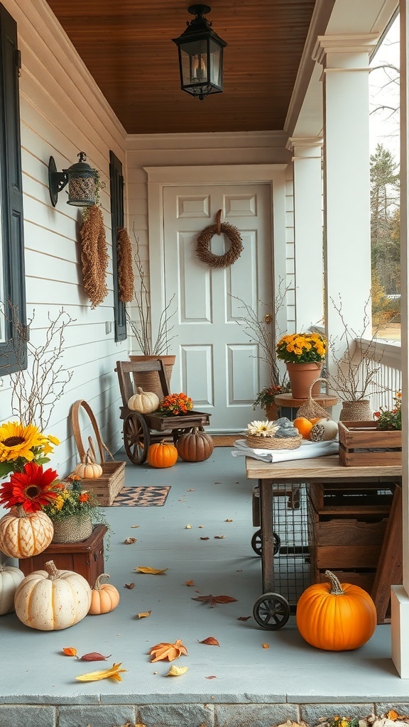 A vintage-inspired fall porch decorated with pumpkins, flowers, and rustic furniture.