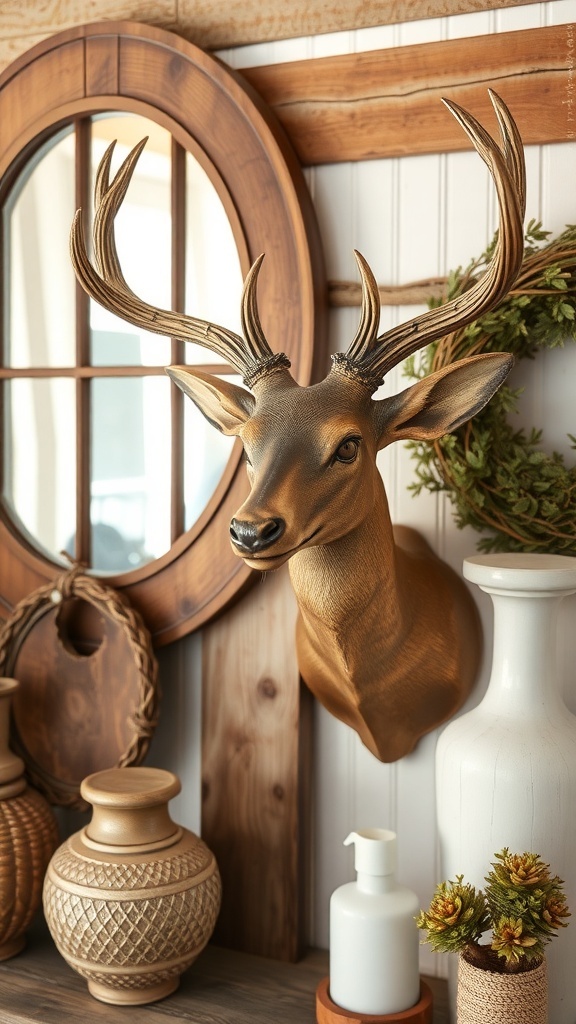 Vintage deer head decor accent in a farmhouse living room setting