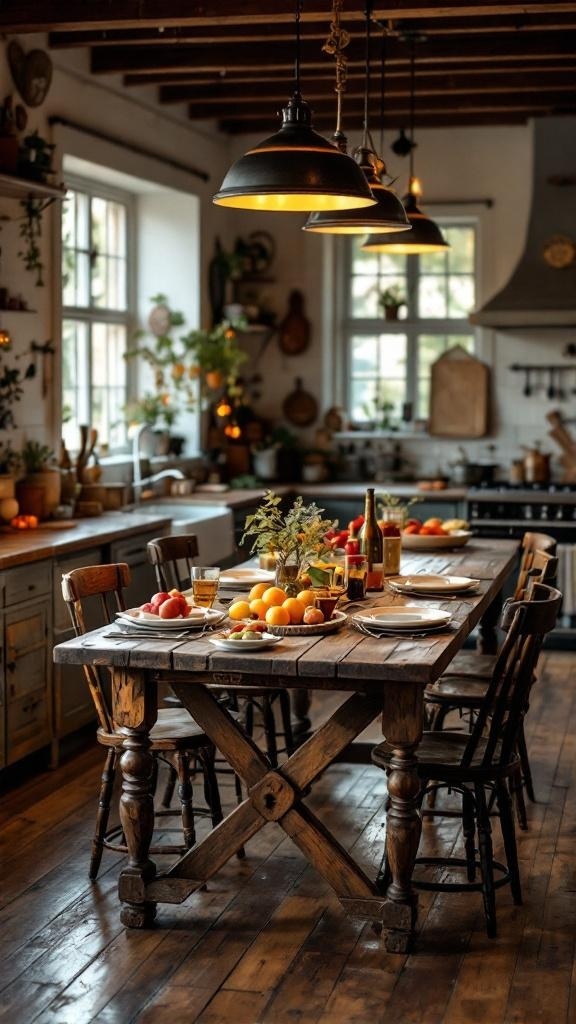 A rustic wooden dining table set with fruits and tableware in a farmhouse kitchen.