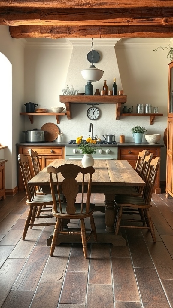 A vintage wooden dining table surrounded by farmhouse chairs in a cozy kitchen setting.