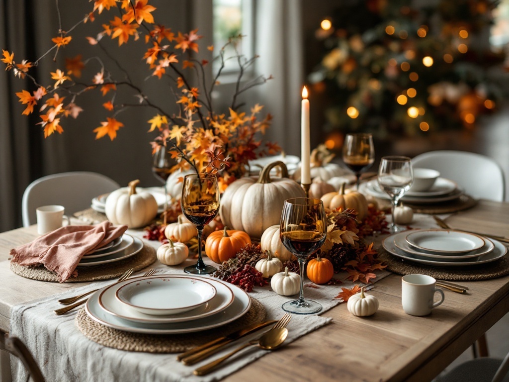 A beautifully arranged Thanksgiving table featuring vintage dinnerware, pumpkins, and autumn decorations.