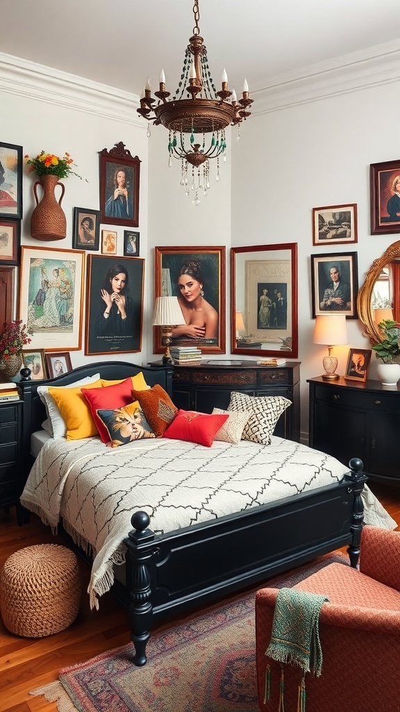 A vintage eclectic bedroom featuring black furniture, colorful cushions, and framed artwork on the walls.