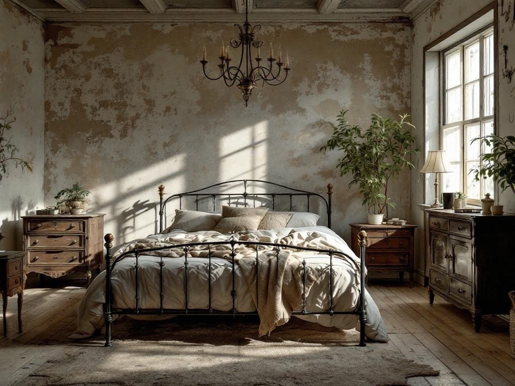 A vintage bedroom featuring a black metal bed frame, rustic walls, wooden furniture, and plants.