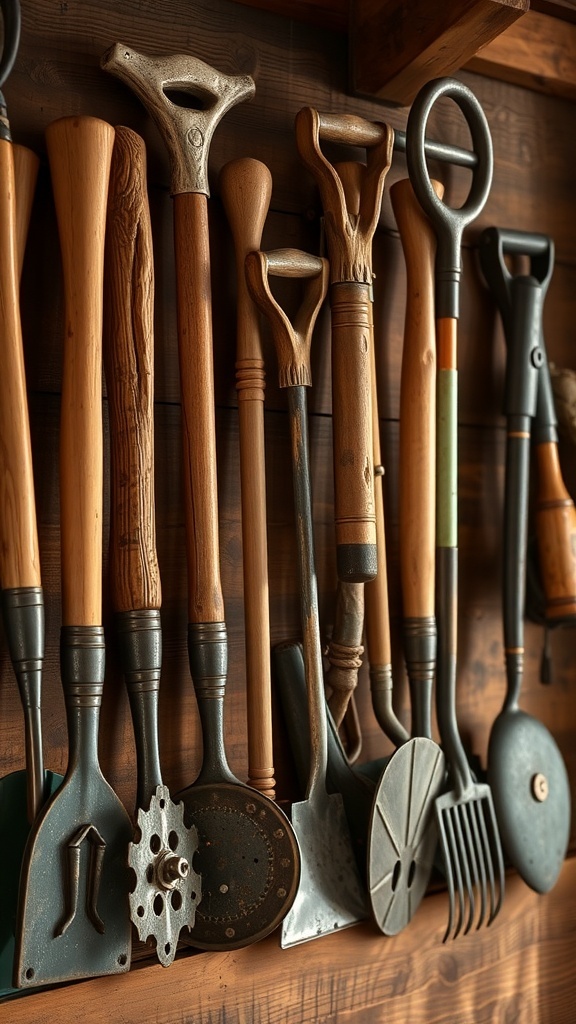 A collection of vintage farm tools displayed on a wooden wall, showcasing rustic decor.