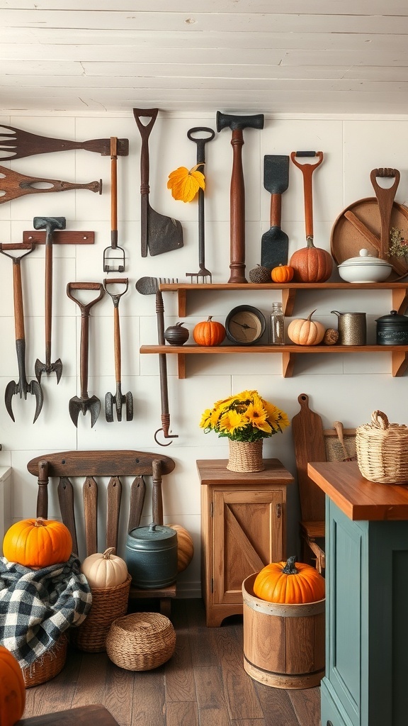A cozy farmhouse corner featuring vintage farm tools on the wall, pumpkins, and sunflowers.
