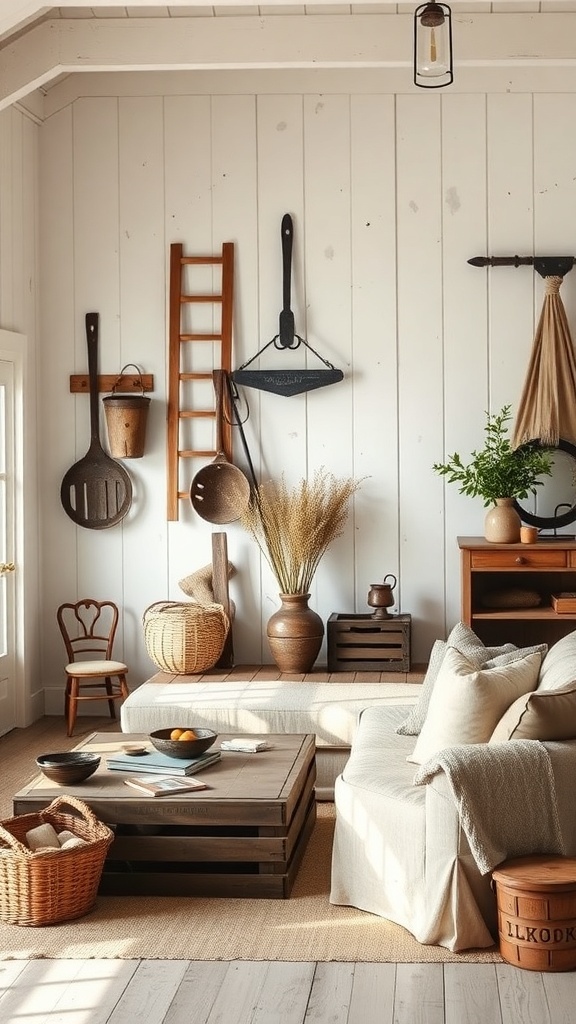 A vintage farmhouse living room featuring rustic decor including farm tools, wooden furniture, and natural elements.