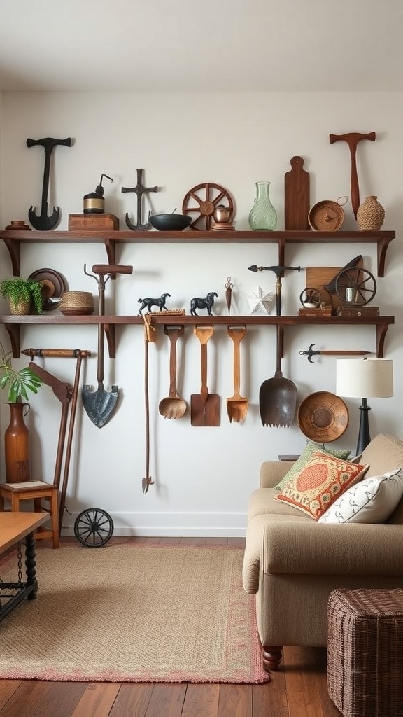 A living room featuring vintage farm tools displayed on shelves, enhancing farmhouse decor.