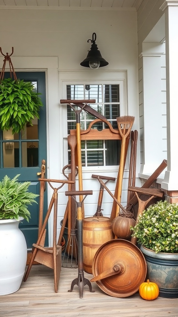 A collection of vintage farm tools displayed on a modern farmhouse porch.