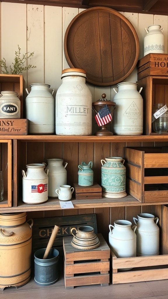 A collection of vintage farmhouse decor items including milk jugs and wooden crates.