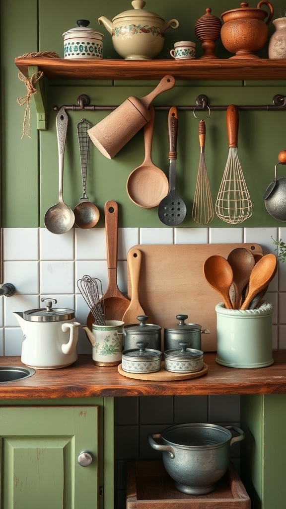 A rustic green kitchen featuring vintage farmhouse accessories including wooden utensils, ceramic pots, and classic cookware.