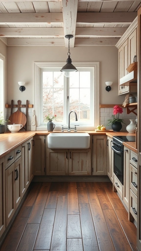 A rustic kitchen featuring wooden cabinets, a farmhouse sink, and warm lighting.