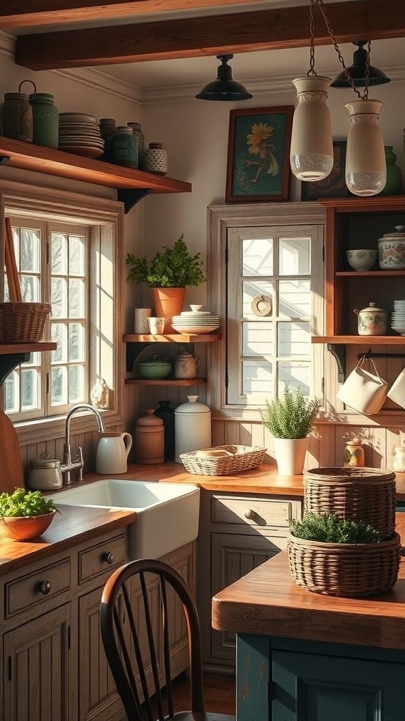 A cozy farmhouse kitchen with vintage decor, featuring wooden shelves, dishware, and artwork.