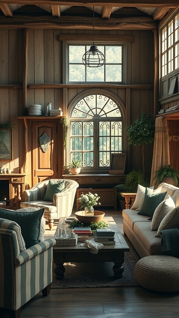 A cozy vintage farmhouse living room with rustic decor and soft furnishings.