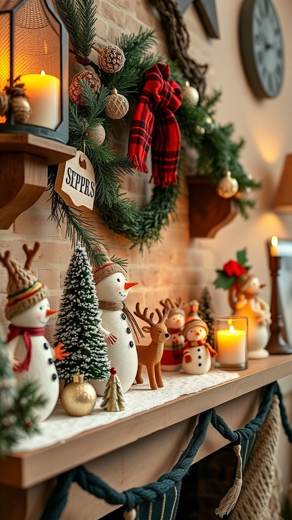 A collection of vintage farmhouse decor items, including clocks and wooden signs, arranged on a shelf.