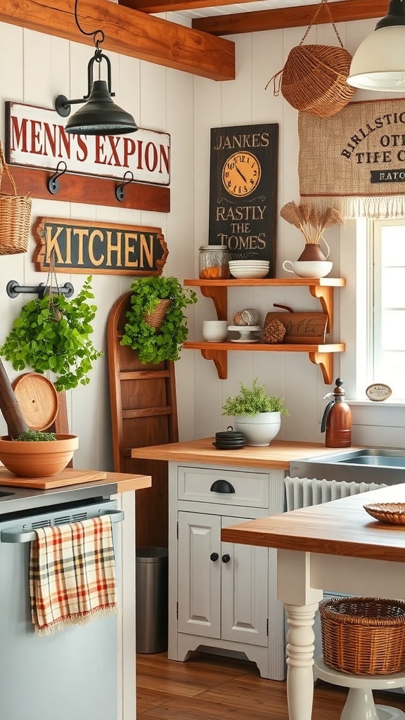 A cozy vintage farmhouse kitchen with wooden shelves, plants, and rustic decor.