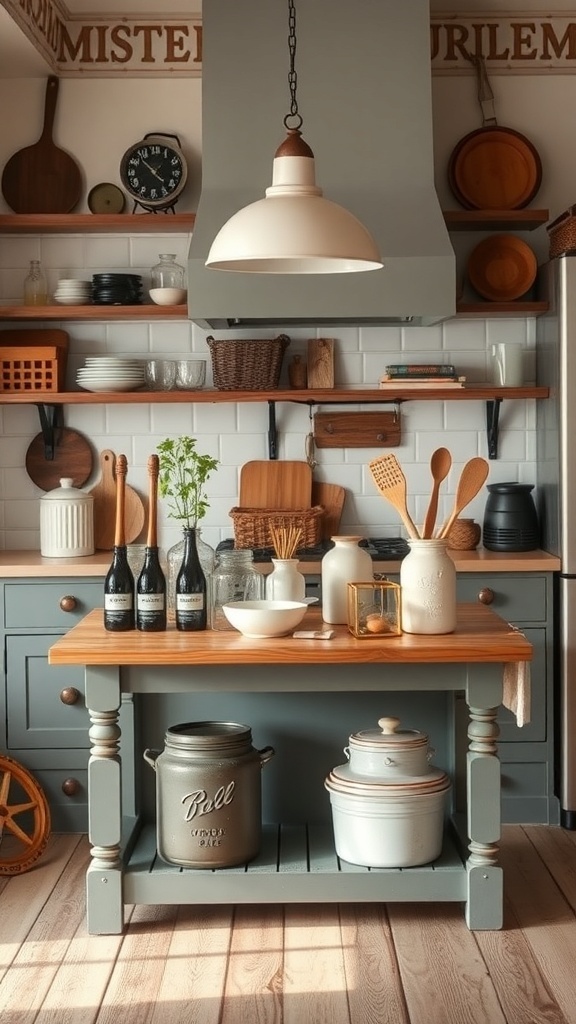 A rustic farmhouse kitchen island with wooden elements and vintage decor.