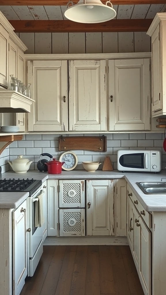 A rustic vintage farmhouse kitchen with worn cabinets and cozy decor.