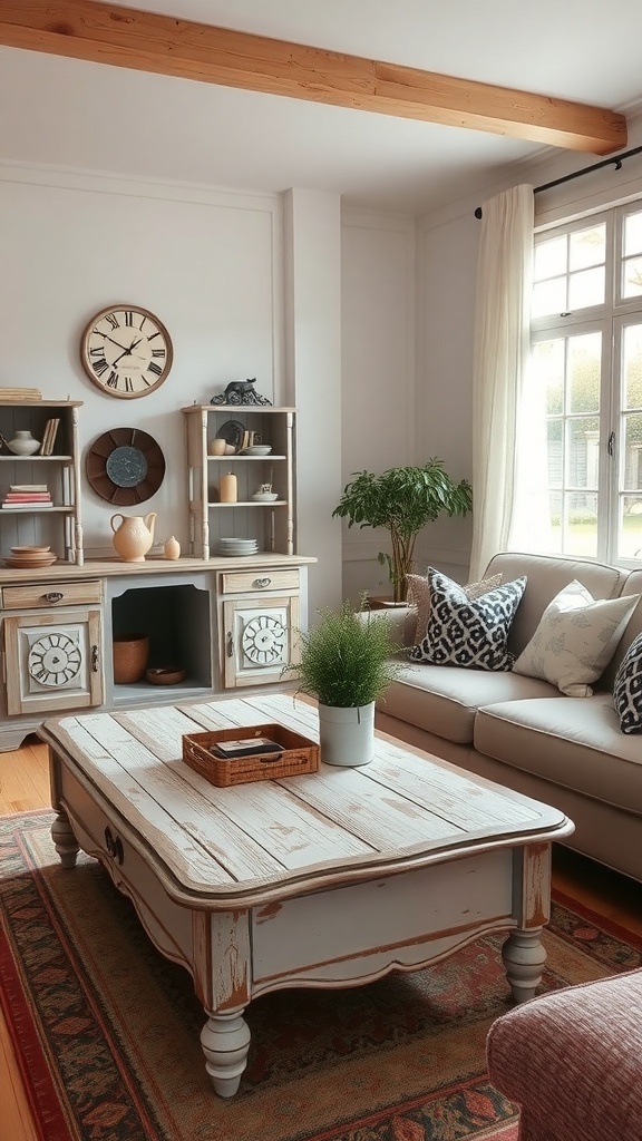 A cozy living room featuring vintage farmhouse furniture with a distressed coffee table and soft cushions.