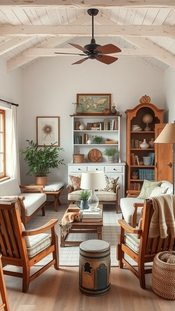 Cozy living room with vintage farmhouse furniture, featuring wooden chairs and a rustic table.