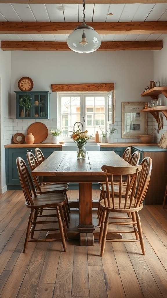 A rustic dining area featuring a wooden table and chairs, with a cozy farmhouse style.