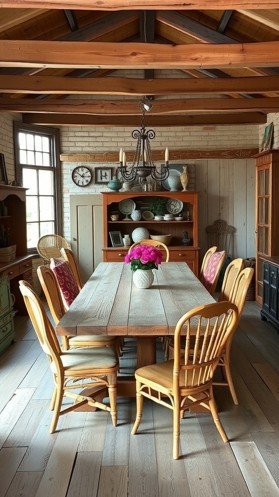 A rustic dining area featuring a wooden table surrounded by classic chairs, with a chandelier above and decorative elements in the background.