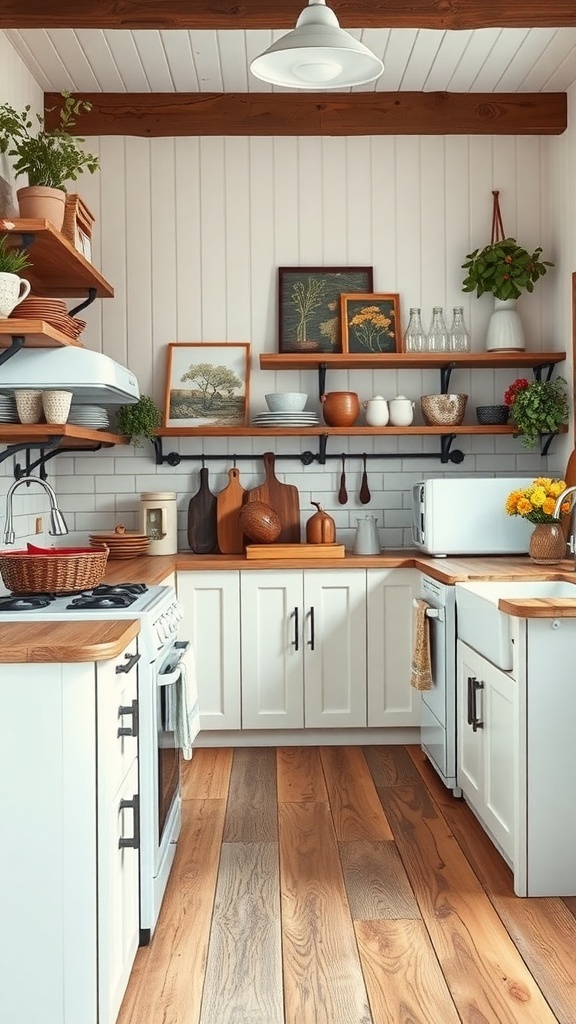 A cozy vintage farmhouse kitchen with wooden shelves, plants, and rustic decor.