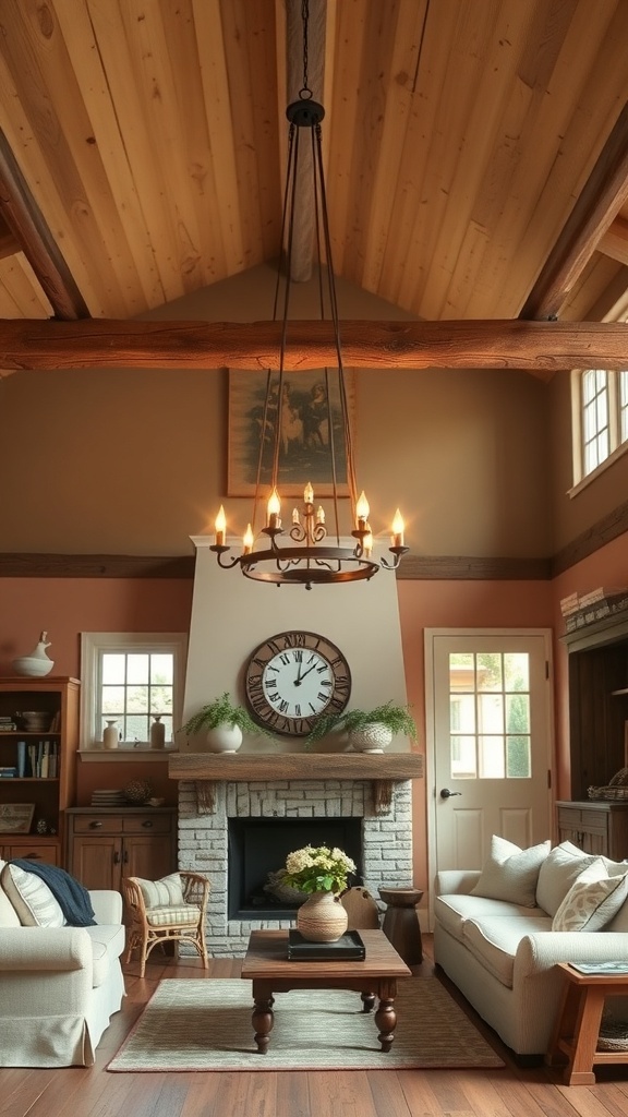 A cozy farmhouse living room featuring a vintage chandelier, wooden beams, and a stone fireplace.