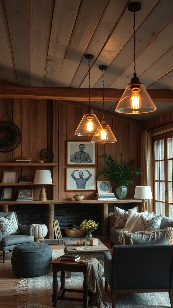 A rustic living room with vintage farmhouse lighting, featuring pendant lights and wooden decor.