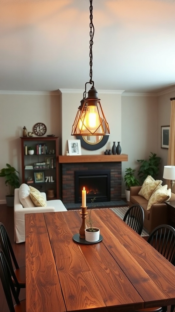 A rustic dining area featuring a vintage pendant light, wooden table, and cozy seating.