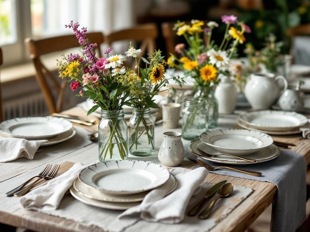 A rustic farmhouse table setting with white plates, mason jars of flowers, and polished silverware.