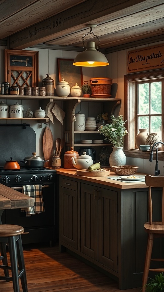 A rustic kitchen with vintage farmhouse signage and wooden decor.