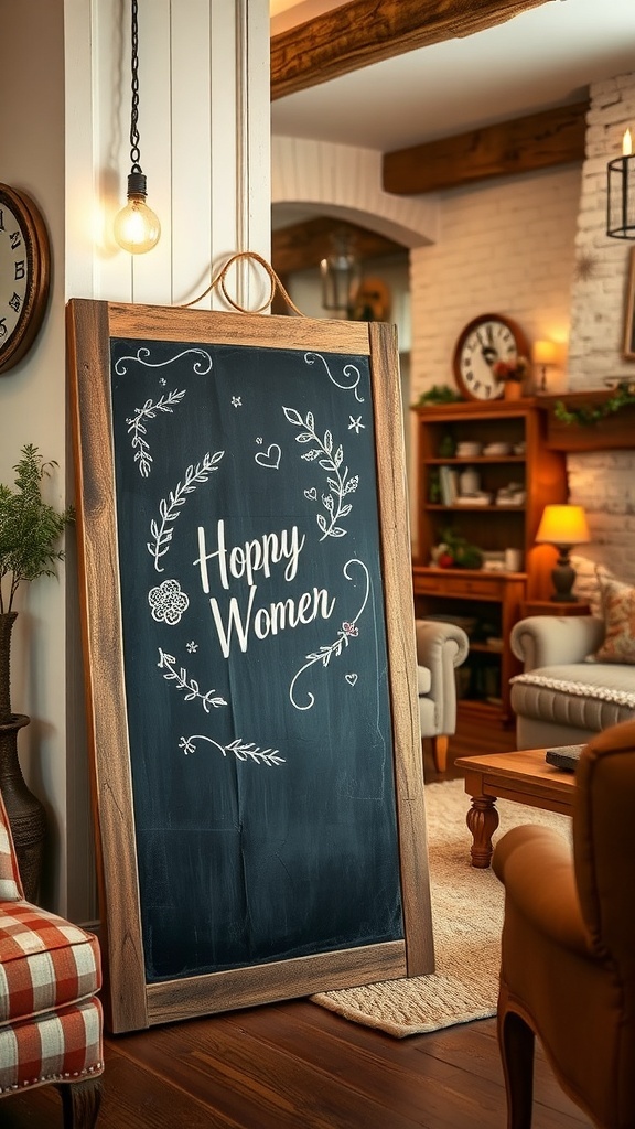 A collection of vintage farmhouse signs displayed on a living room wall.