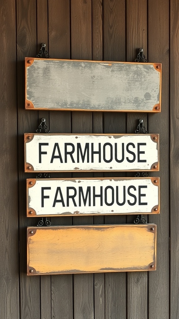 A collection of vintage farmhouse signs displayed on a wooden wall.