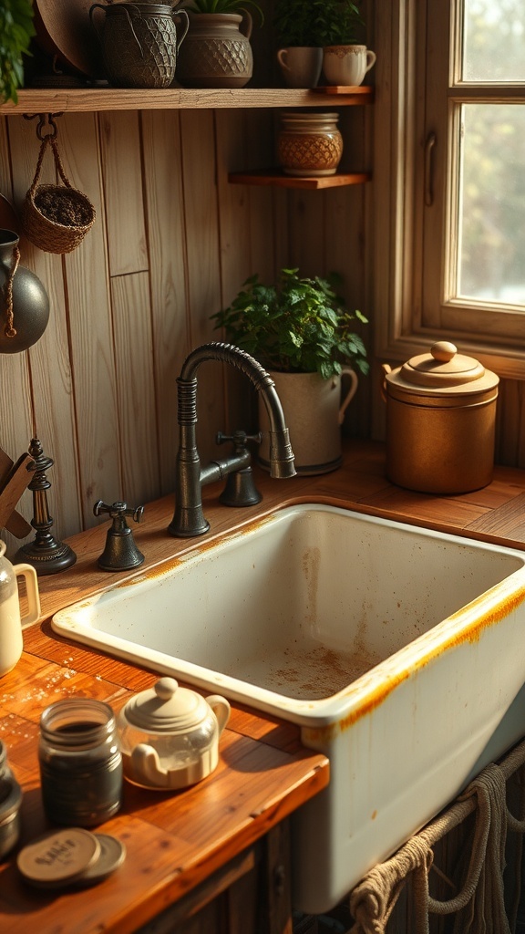 A vintage farmhouse sink with a rustic design, surrounded by wooden shelves and decorative items.