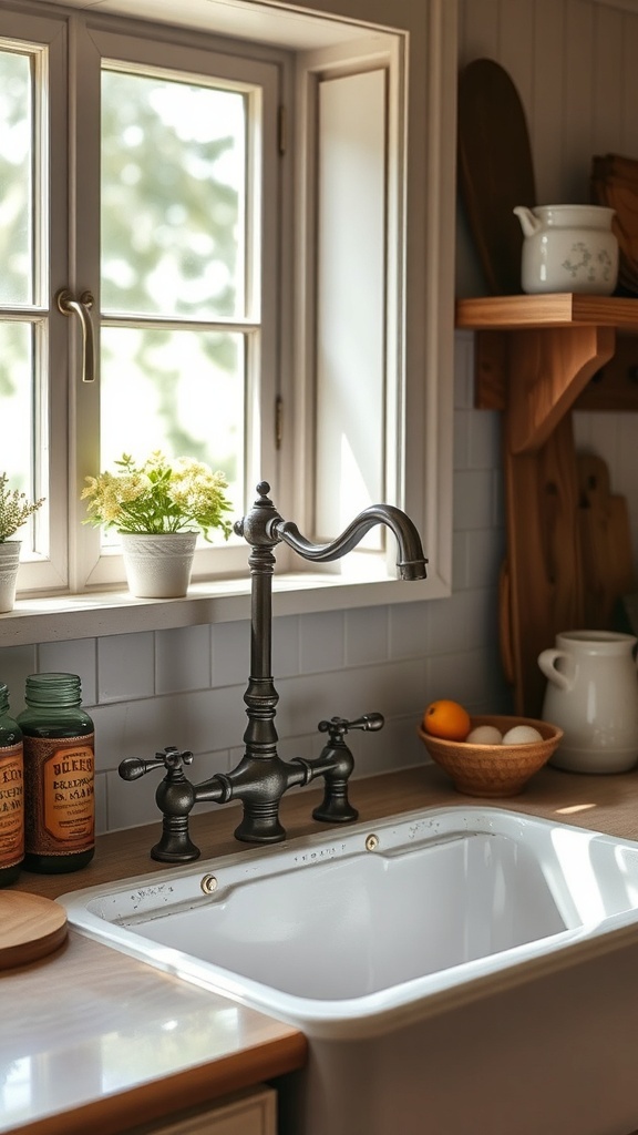 A vintage farmhouse sink with a bronze faucet and wooden shelves above, adorned with plants and kitchen utensils.