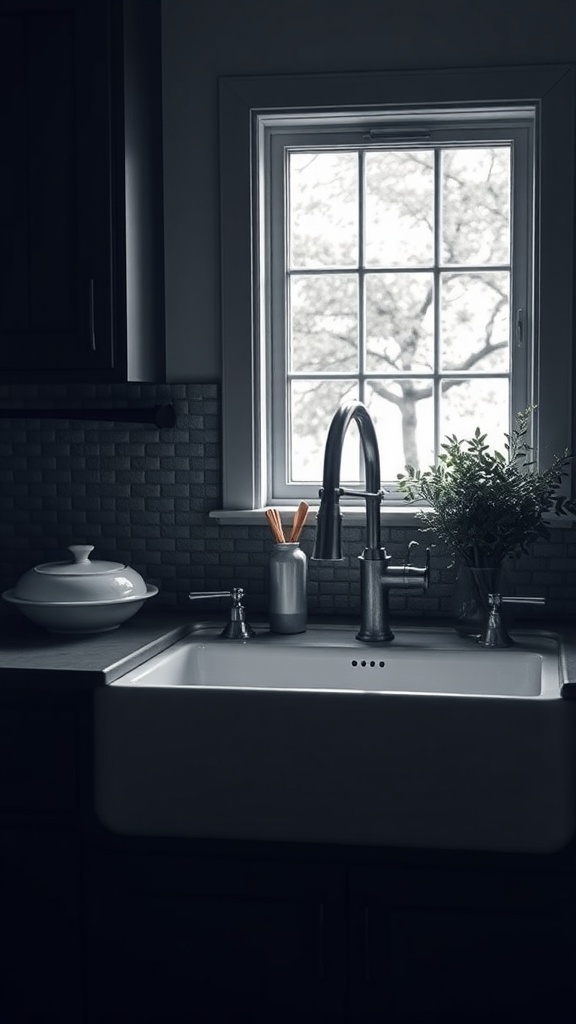 A vintage farmhouse sink with a sleek faucet, surrounded by dark cabinetry and a window view.