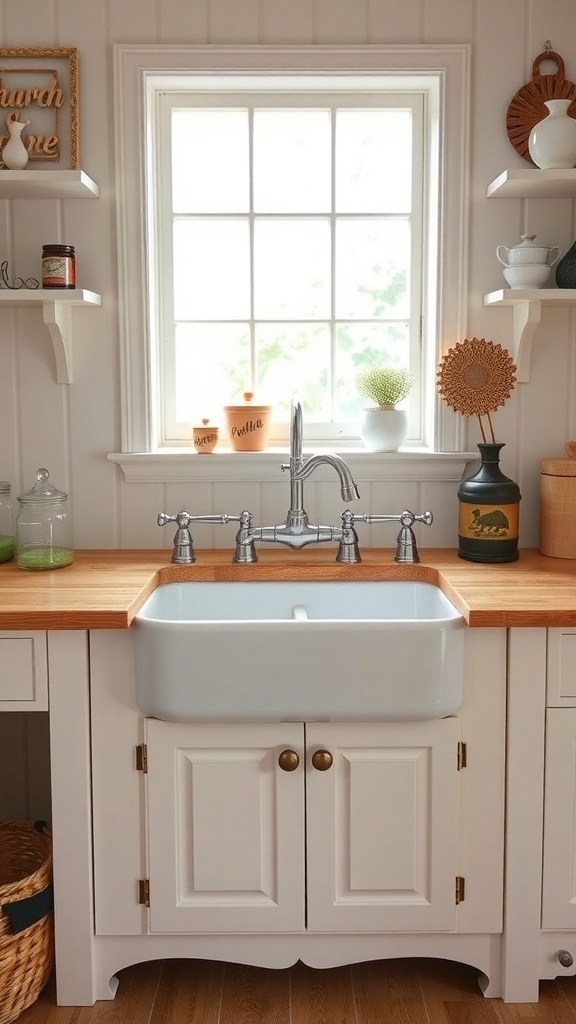 A vintage farmhouse sink with a wooden countertop and decorative items around it.