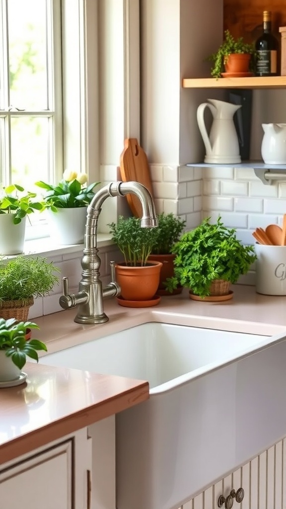 A vintage farmhouse sink with a modern faucet, surrounded by potted herbs in a rustic kitchen.