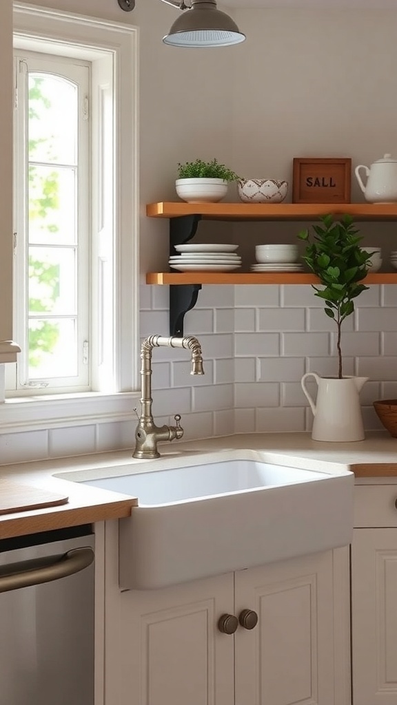A vintage farmhouse sink with a stylish faucet in a cozy kitchen setting.