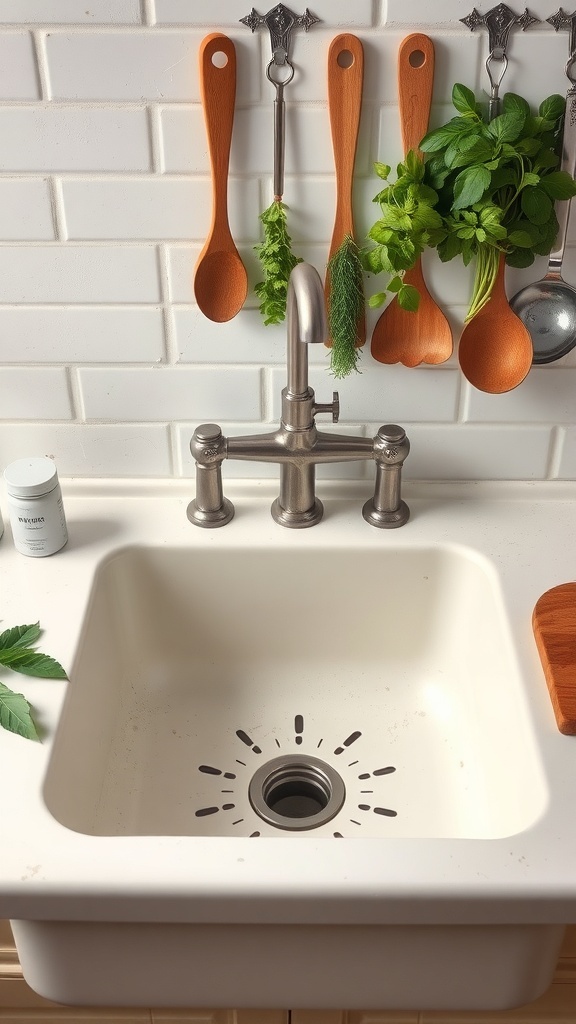 A vintage farmhouse sink with a classic design, surrounded by wooden utensils and fresh herbs.