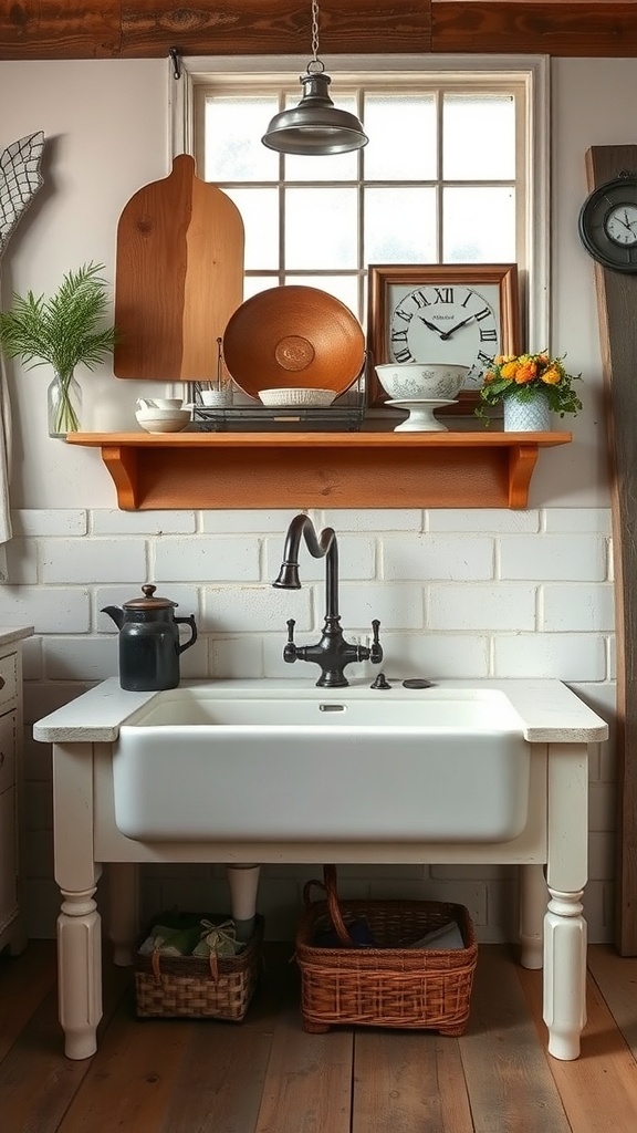 A vintage farmhouse sink with a white basin, black faucet, and wooden shelf above it, decorated with kitchen items.