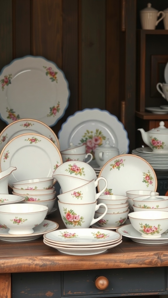 A collection of vintage farmhouse tableware with floral designs, including plates, cups, and bowls.