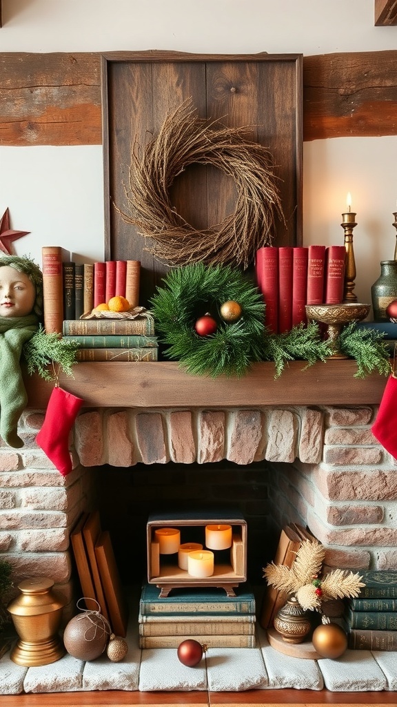 A vintage mantle decor featuring old books, decorative items, and seasonal accents.
