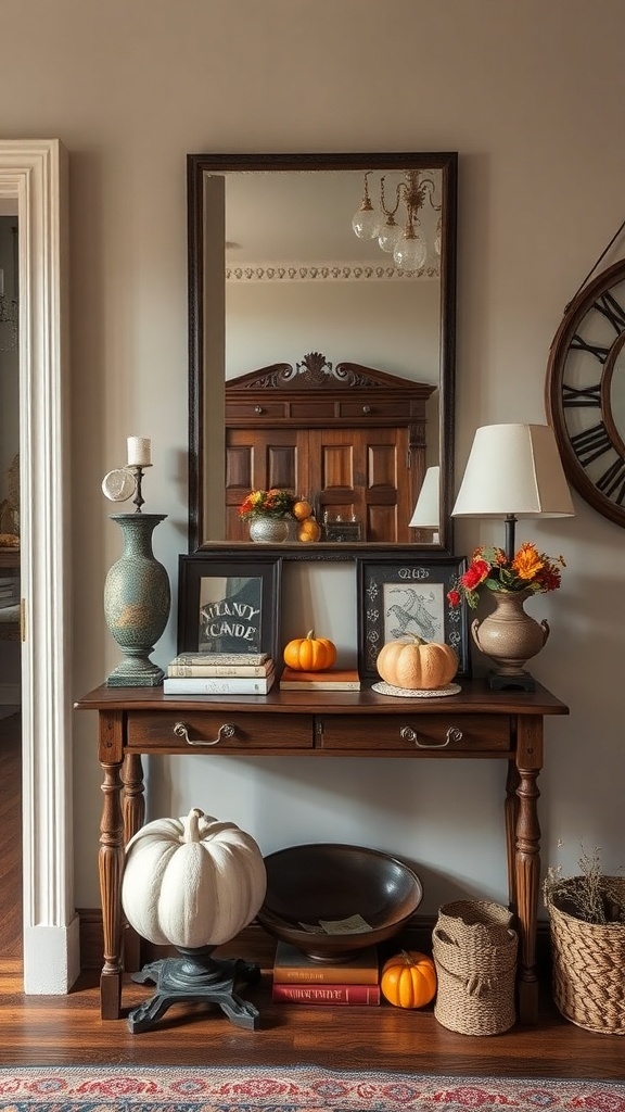 A vintage entry table decorated for fall with pumpkins, flowers, and framed art.