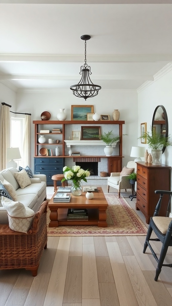 A cozy living room featuring vintage furniture and decor in a modern coastal farmhouse style.
