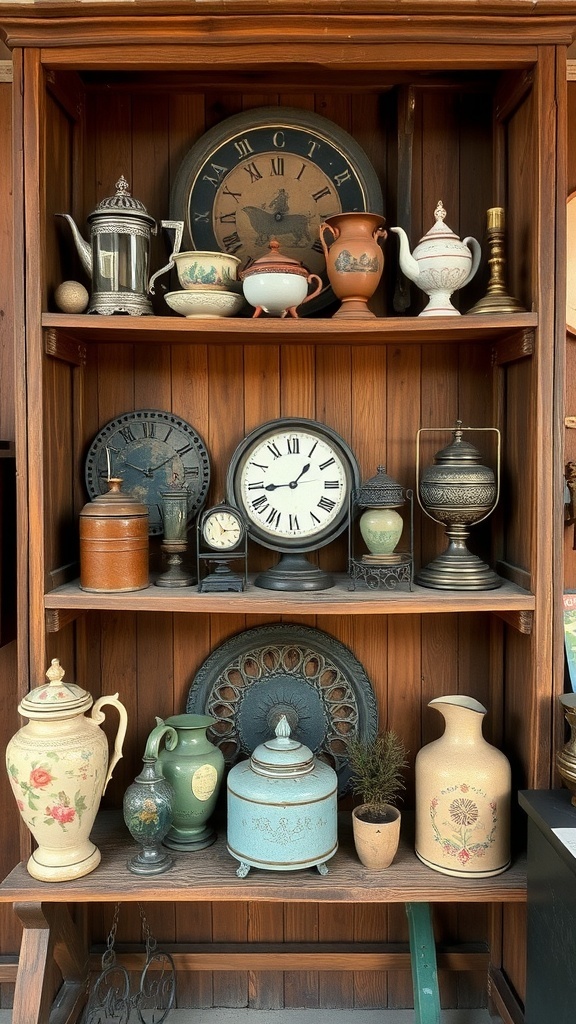 A wooden shelf filled with various vintage items including teapots, clocks, and decorative jars.