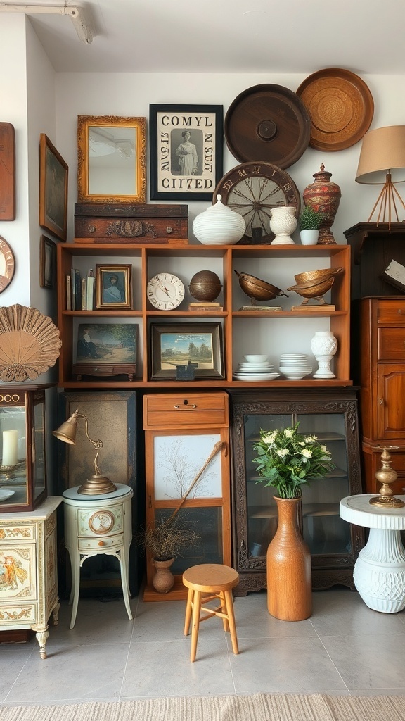 A cozy display of vintage furniture and decor items arranged on shelves.