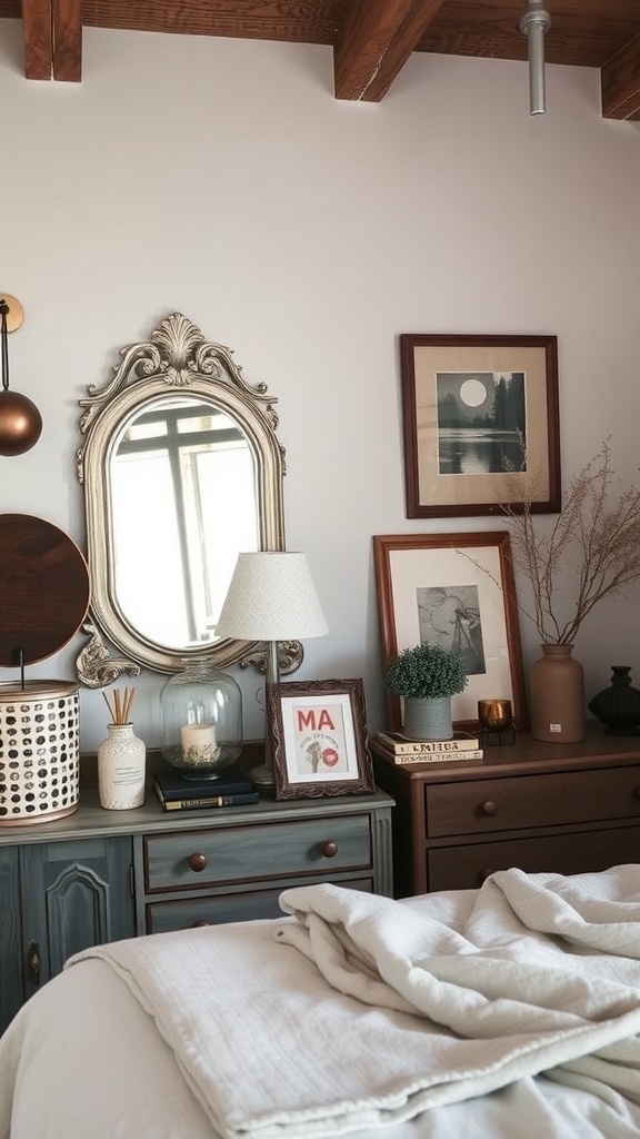 A cozy modern rustic bedroom featuring vintage decor, including a large mirror, wooden furniture, and framed art.
