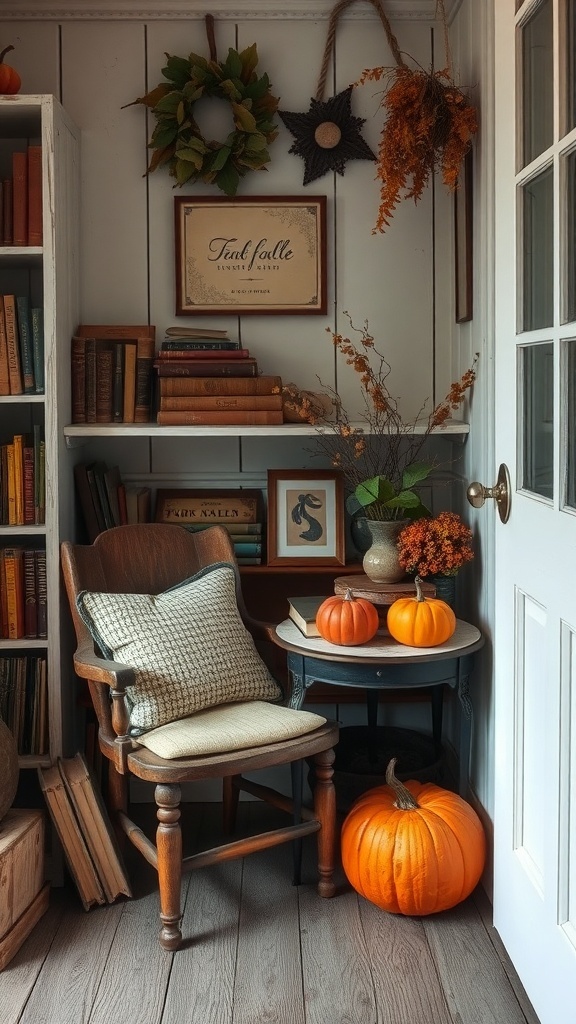 Cozy fall decor featuring a wooden chair, pumpkins, and vintage books